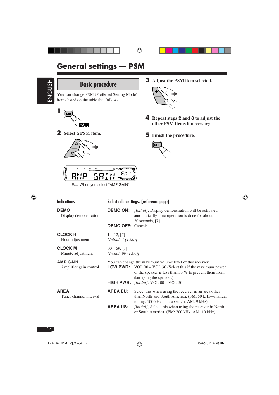 General settings — psm, Basic procedure, English | JVC 1004DTSMDTJEIN User Manual | Page 14 / 56