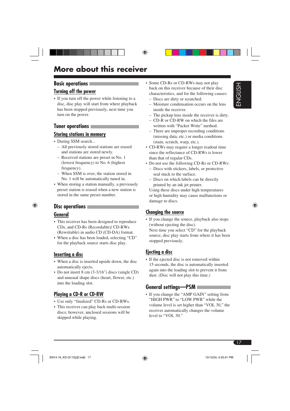 More about this receiver, English, Basic operations | Tuner operations, Disc operations, General settings—psm | JVC 1004DTSMDTJEIN User Manual | Page 17 / 56