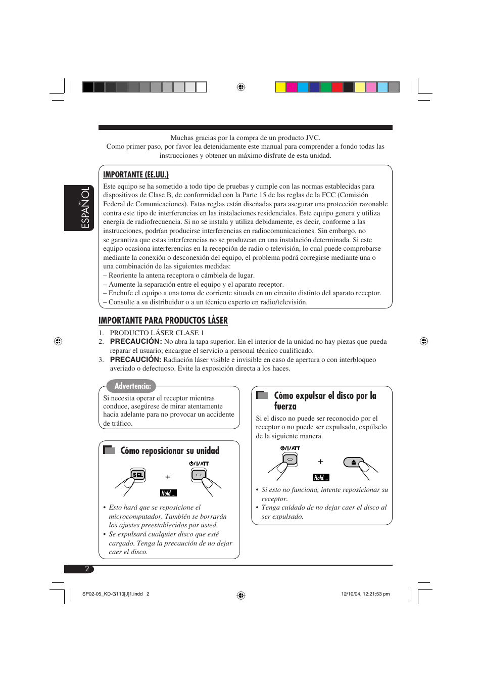 Esp añol, Cómo expulsar el disco por la fuerza, Cómo reposicionar su unidad | JVC 1004DTSMDTJEIN User Manual | Page 20 / 56