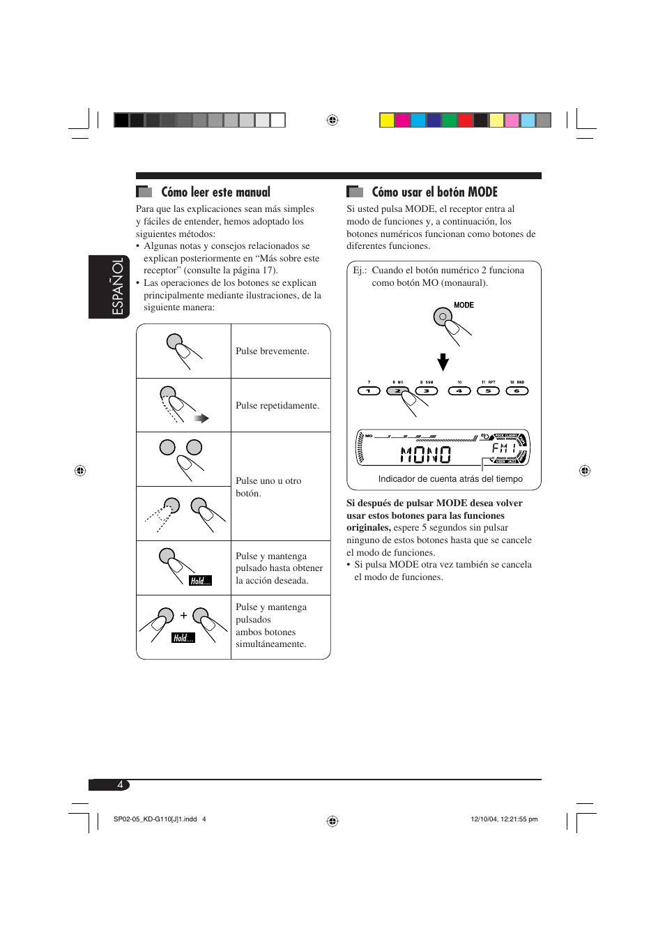 Esp a ñ ol cómo usar el botón mode, Cómo leer este manual | JVC 1004DTSMDTJEIN User Manual | Page 22 / 56