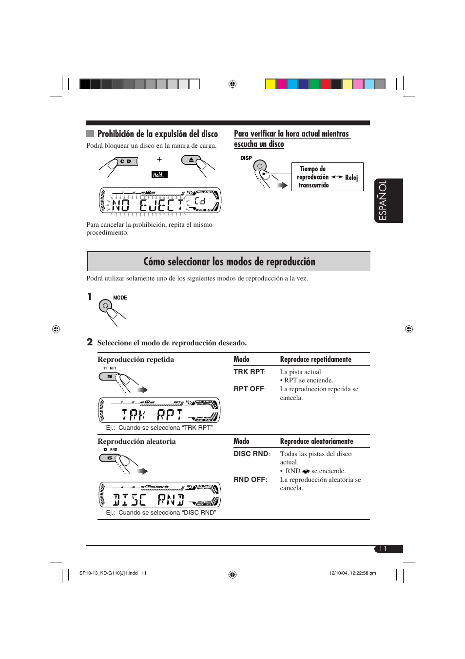 Cómo seleccionar los modos de reproducción, Esp añol prohibición de la expulsión del disco | JVC 1004DTSMDTJEIN User Manual | Page 29 / 56