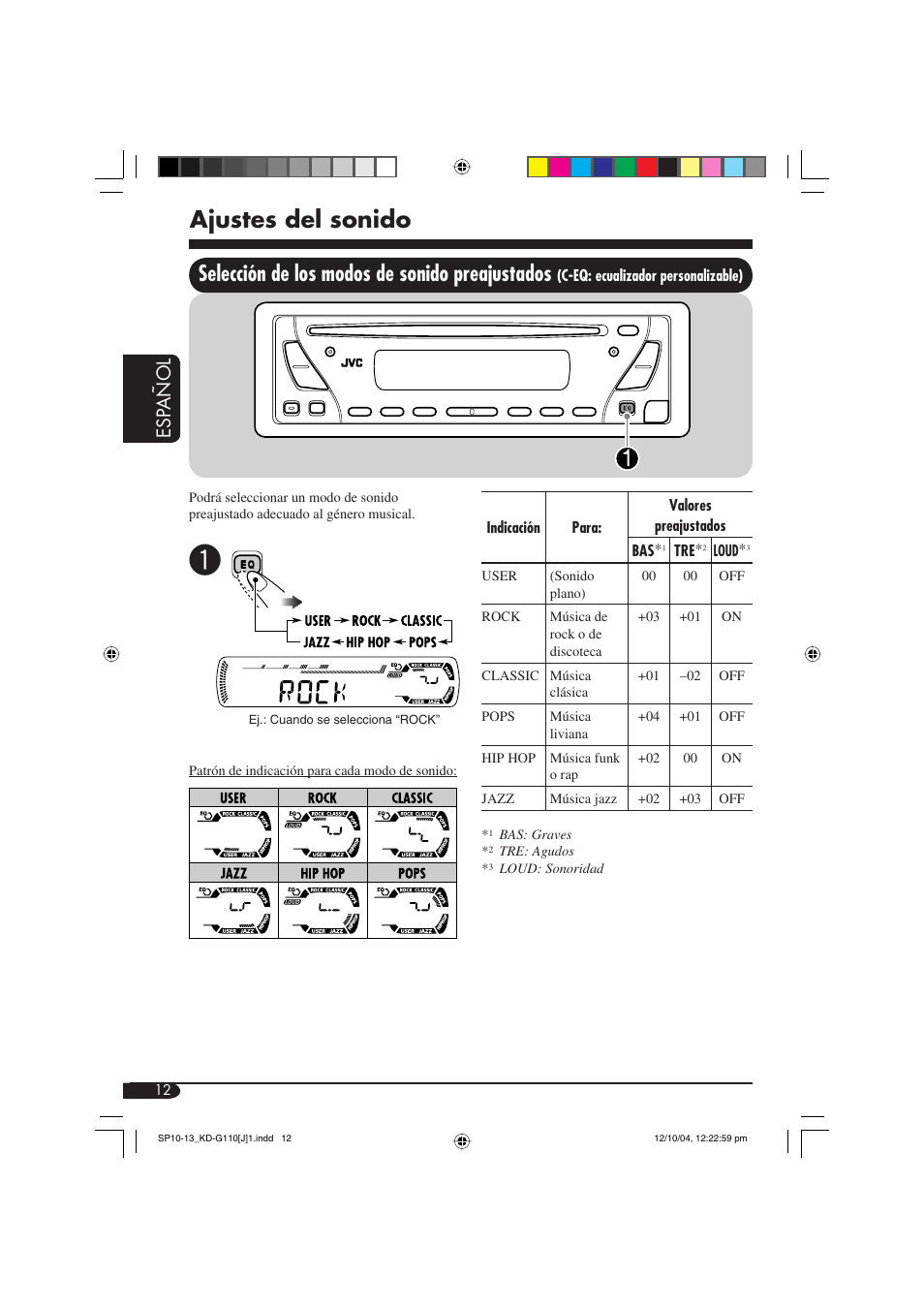 Ajustes del sonido, Selección de los modos de sonido preajustados, Esp a ñ ol | JVC 1004DTSMDTJEIN User Manual | Page 30 / 56