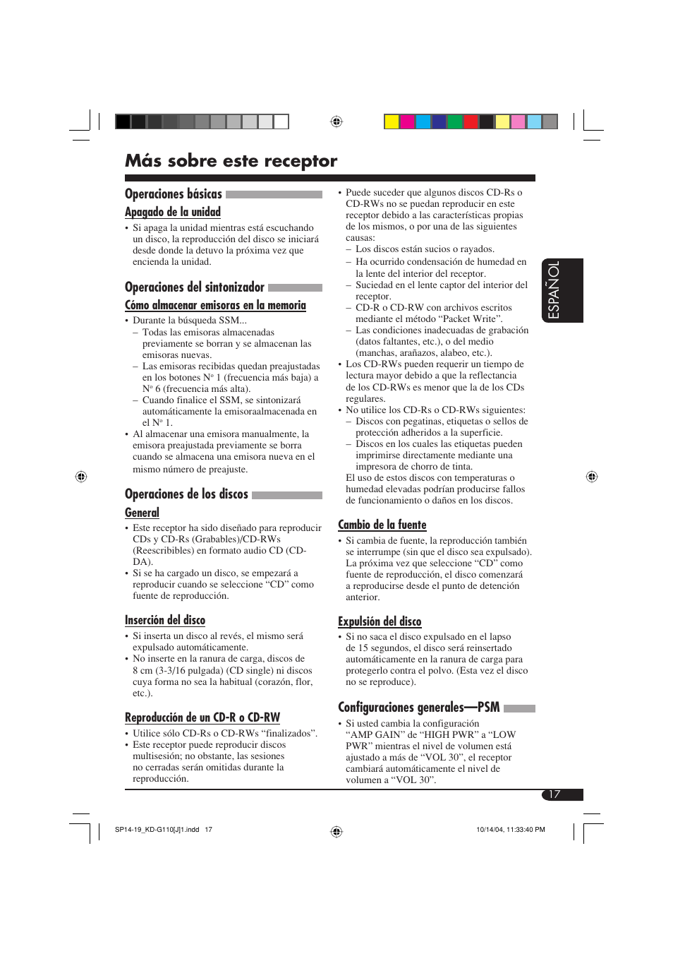 Más sobre este receptor, Esp añol, Operaciones básicas | Operaciones del sintonizador, Operaciones de los discos, Configuraciones generales—psm | JVC 1004DTSMDTJEIN User Manual | Page 35 / 56