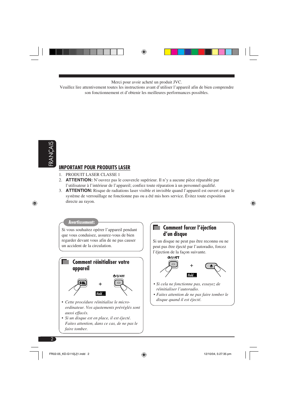 Français, Comment forcer l’éjection d’un disque, Comment réinitialiser votre appareil | JVC 1004DTSMDTJEIN User Manual | Page 38 / 56