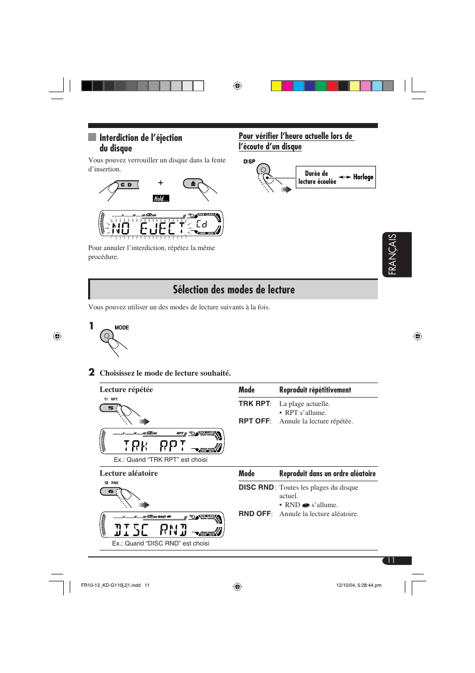 Sélection des modes de lecture, Français, Interdiction de l’éjection du disque | JVC 1004DTSMDTJEIN User Manual | Page 47 / 56