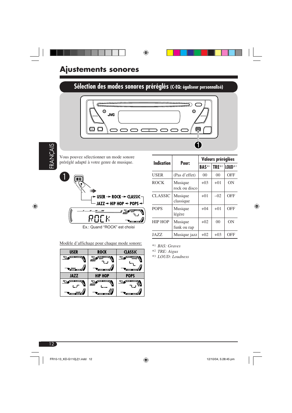 Ajustements sonores, Sélection des modes sonores préréglés, Fran ç ais | JVC 1004DTSMDTJEIN User Manual | Page 48 / 56