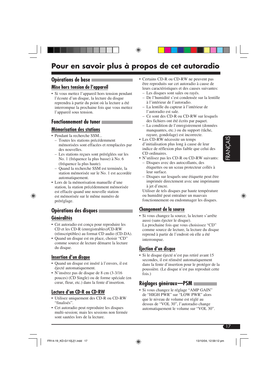Pour en savoir plus à propos de cet autoradio, Fran ç ais, Opérations de base | Fonctionnement du tuner, Opérations des disques, Réglages généraux—psm | JVC 1004DTSMDTJEIN User Manual | Page 53 / 56