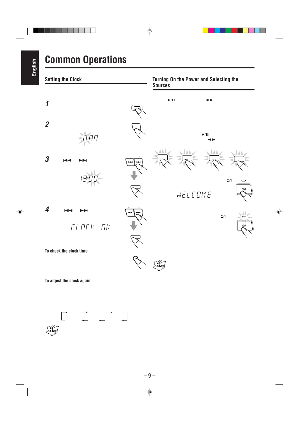 Common operations, Setting the clock, Turning on the power and selecting the sources | JVC CA-MXJ530R User Manual | Page 10 / 28