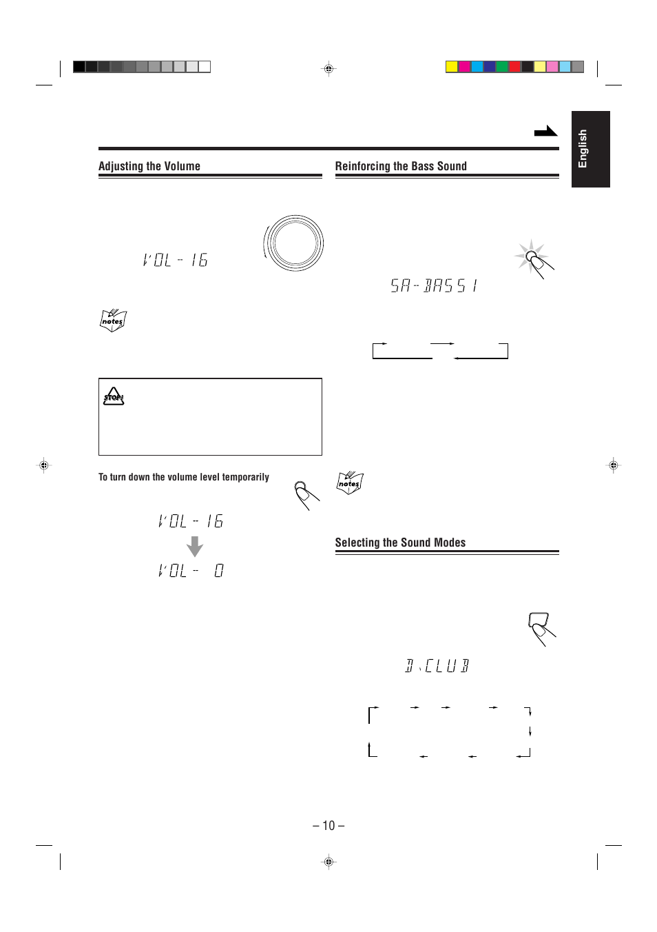 Reinforcing the bass sound, Selecting the sound modes, Adjusting the volume | English | JVC CA-MXJ530R User Manual | Page 11 / 28