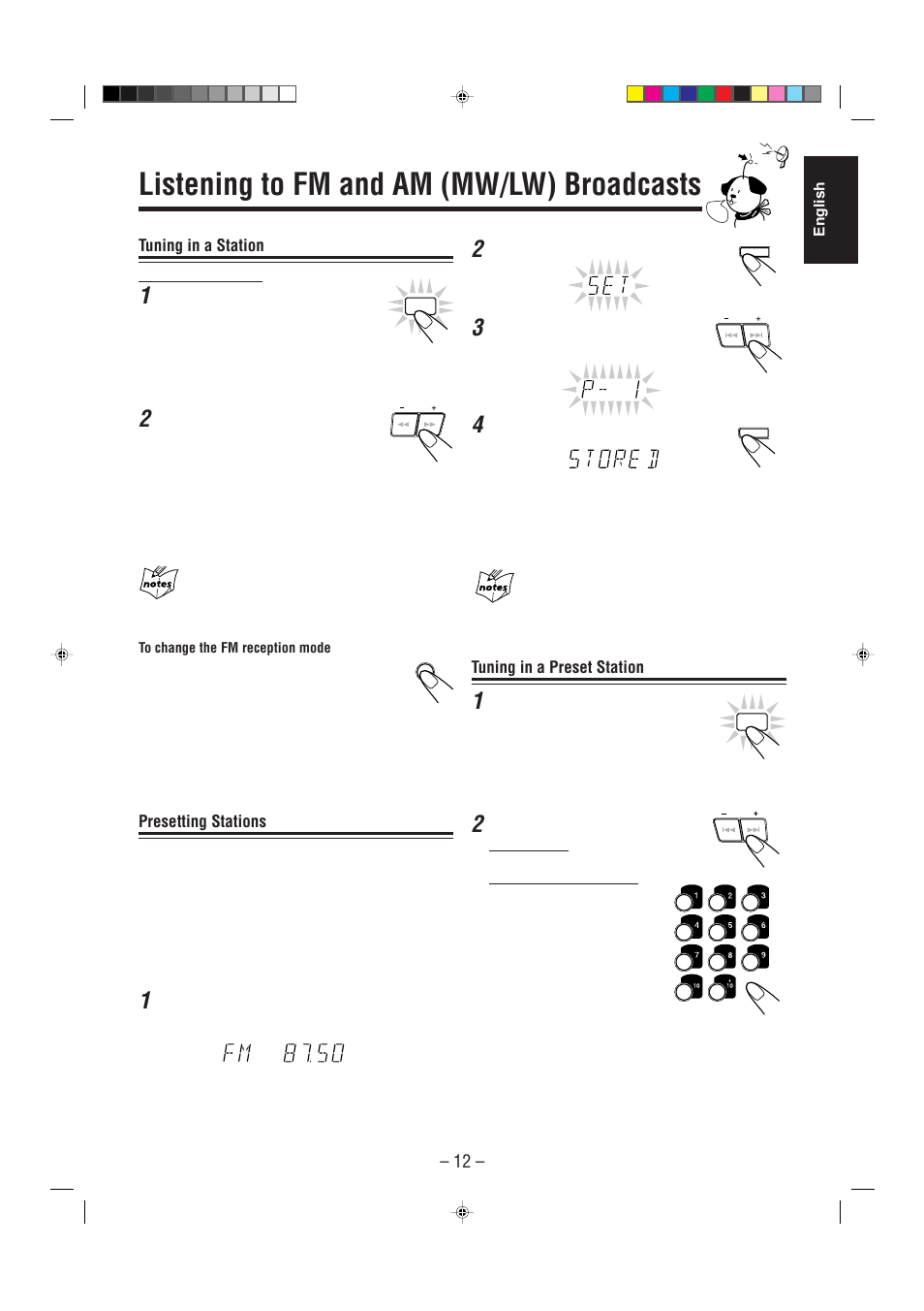 Listening to fm and am (mw/lw) broadcasts, Tuning in a station, Presetting stations | Tuning in a preset station | JVC CA-MXJ530R User Manual | Page 13 / 28