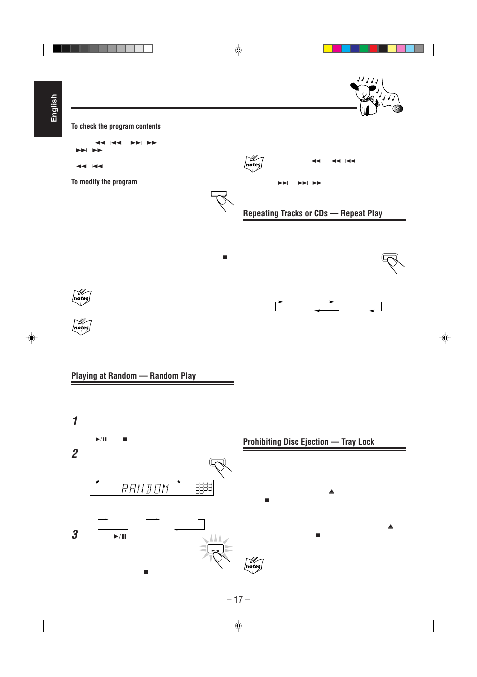Repeating tracks or cds — repeat play, Prohibiting disc ejection — tray lock, Playing at random — random play | JVC CA-MXJ530R User Manual | Page 18 / 28