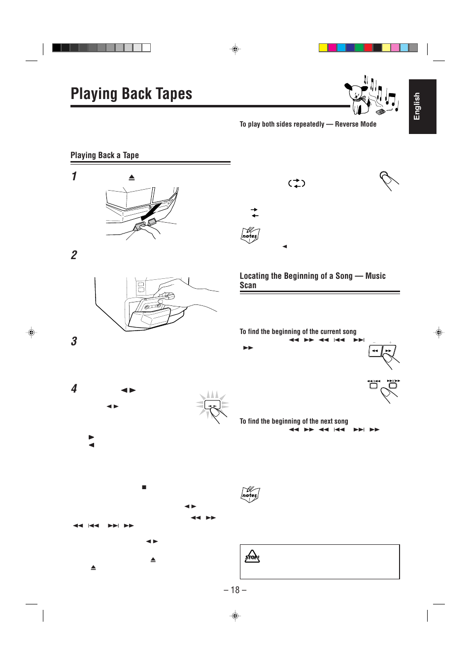 Playing back tapes, Playing back a tape, Locating the beginning of a song — music scan | JVC CA-MXJ530R User Manual | Page 19 / 28