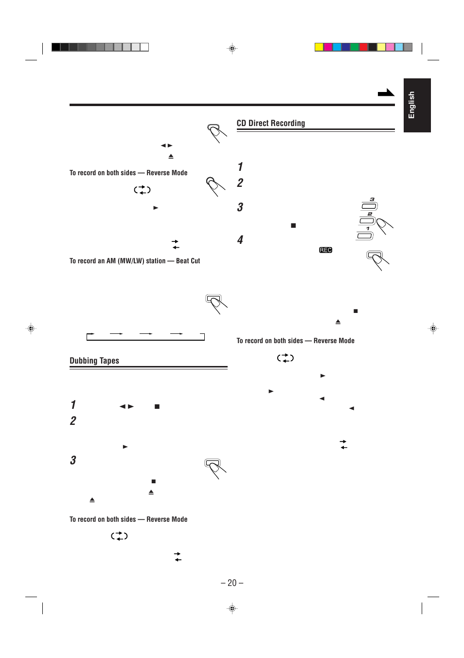 Cd direct recording, Dubbing tapes | JVC CA-MXJ530R User Manual | Page 21 / 28
