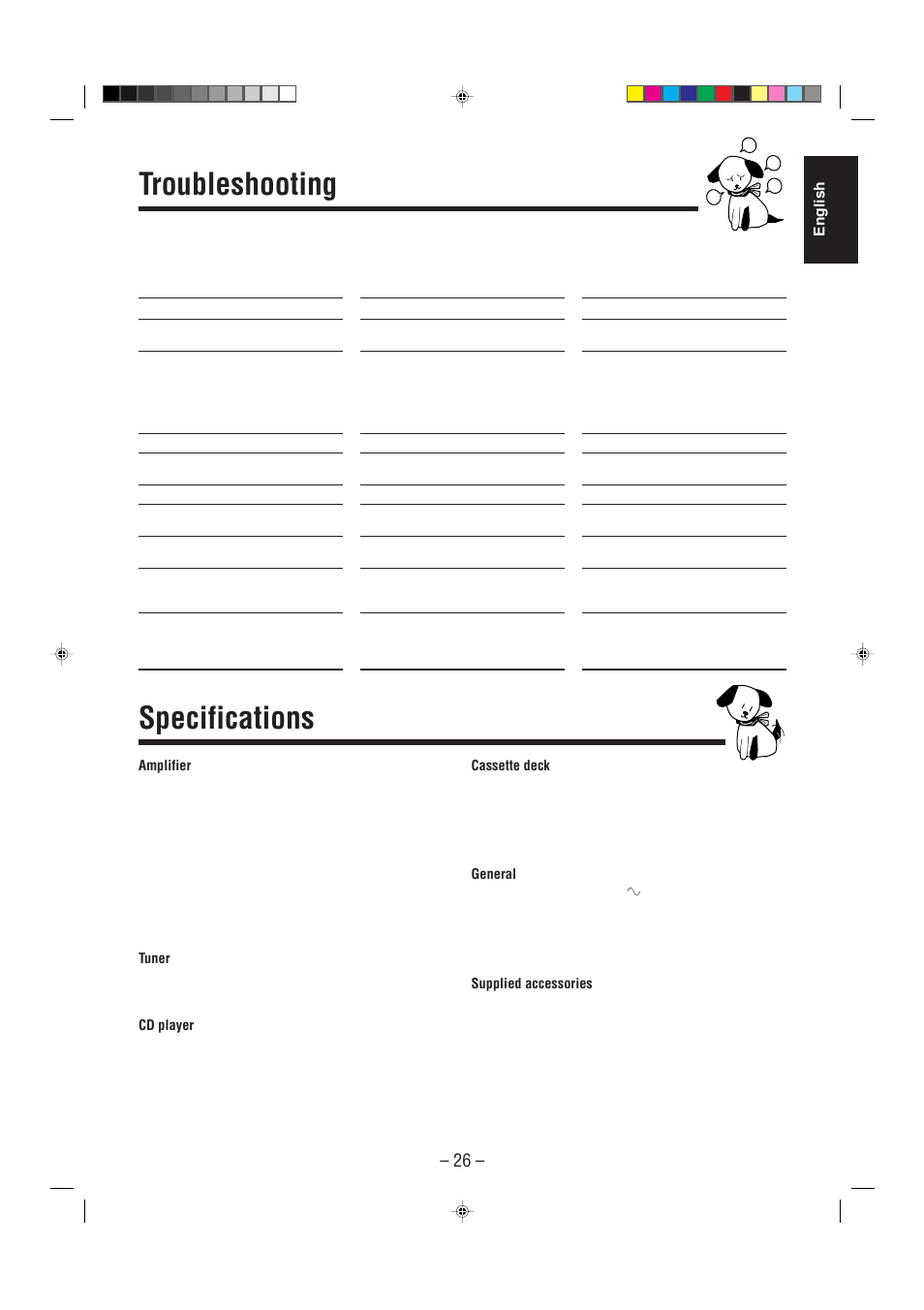 Troubleshooting, Specifications, English | JVC CA-MXJ530R User Manual | Page 27 / 28