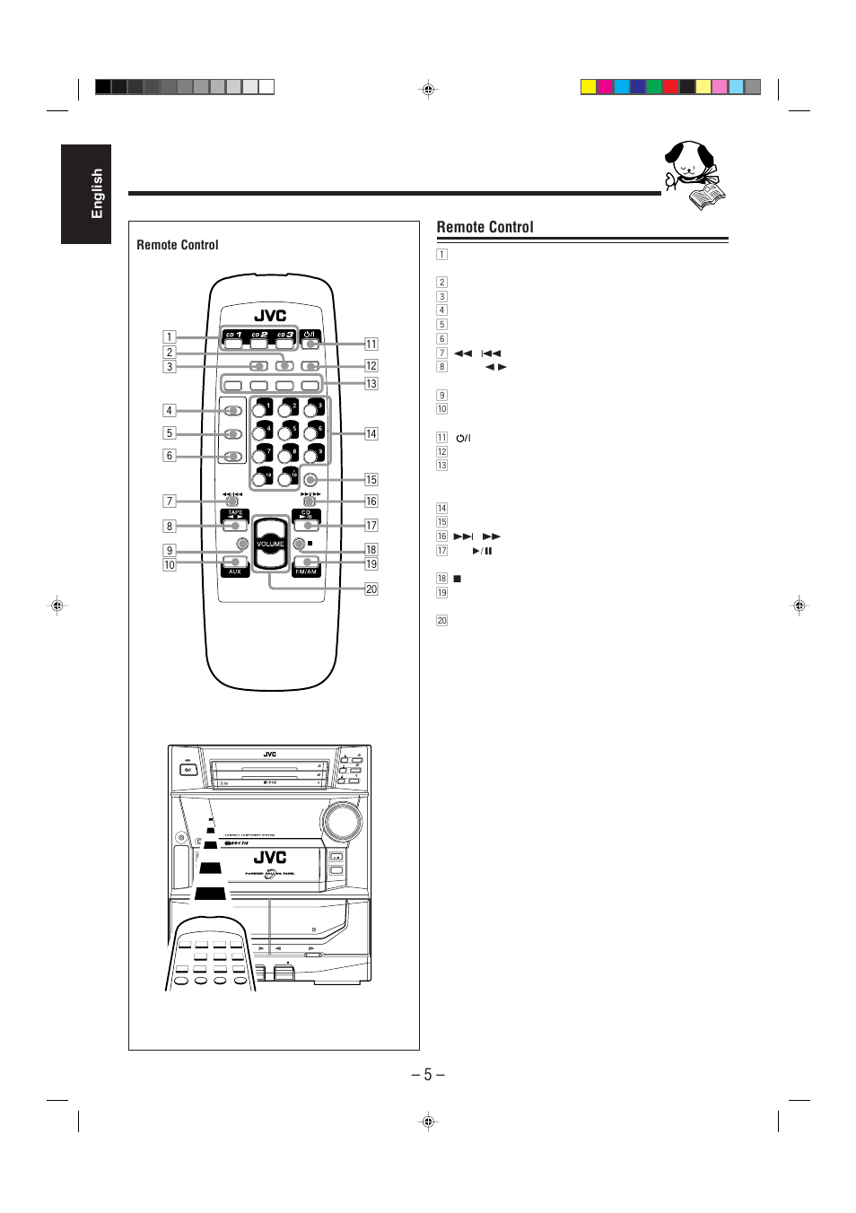 English, Remote control, Standby | Play & exchanger compact digital audio | JVC CA-MXJ530R User Manual | Page 6 / 28