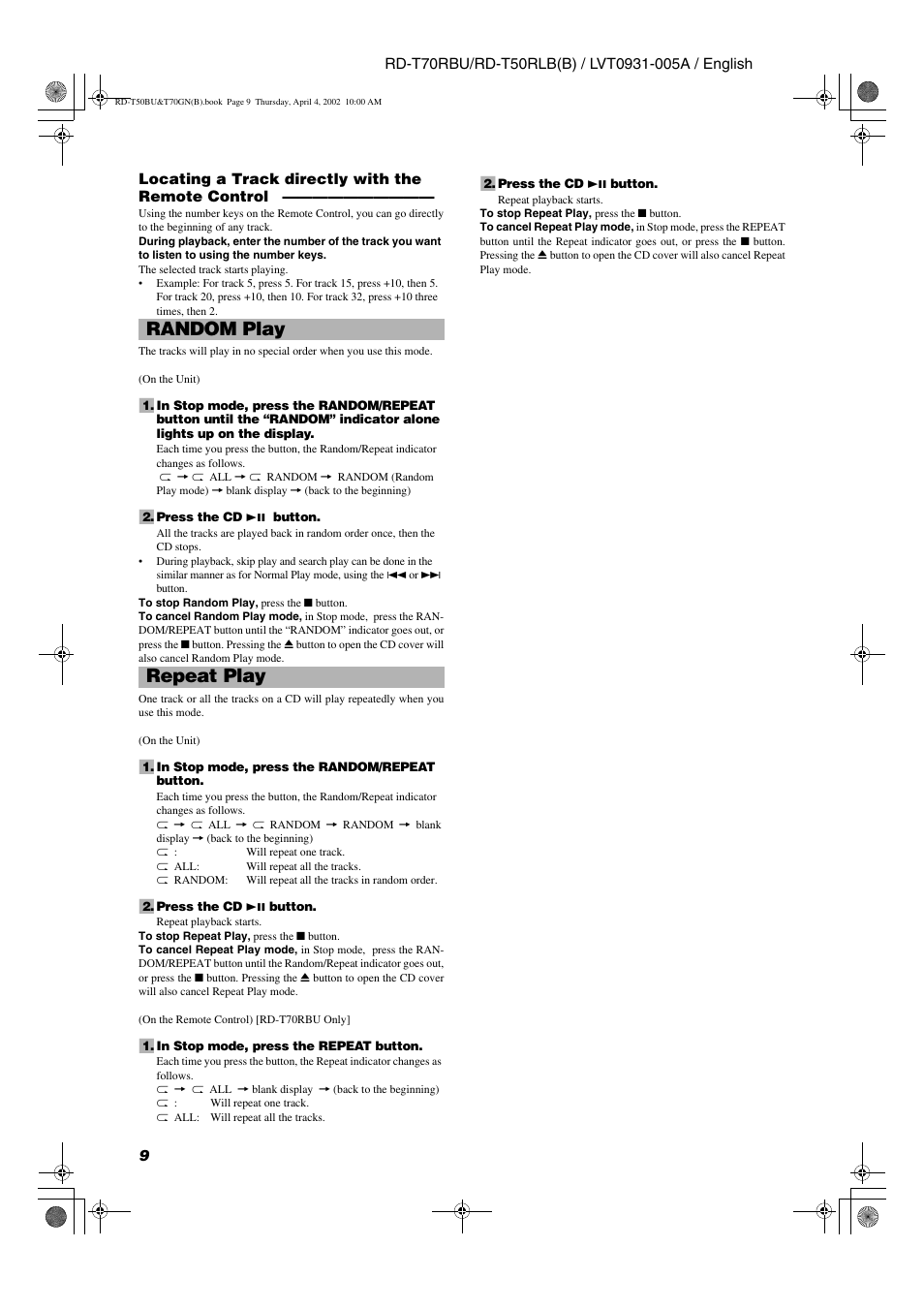 Random play repeat play | JVC RD-T70RBU User Manual | Page 12 / 16