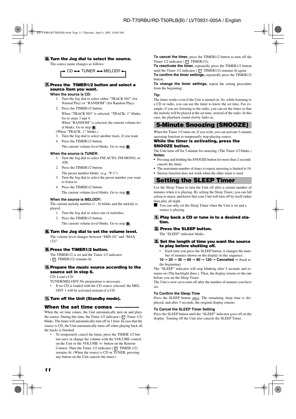 Minute snoozing (snooze) setting the sleep timer | JVC RD-T70RBU User Manual | Page 14 / 16
