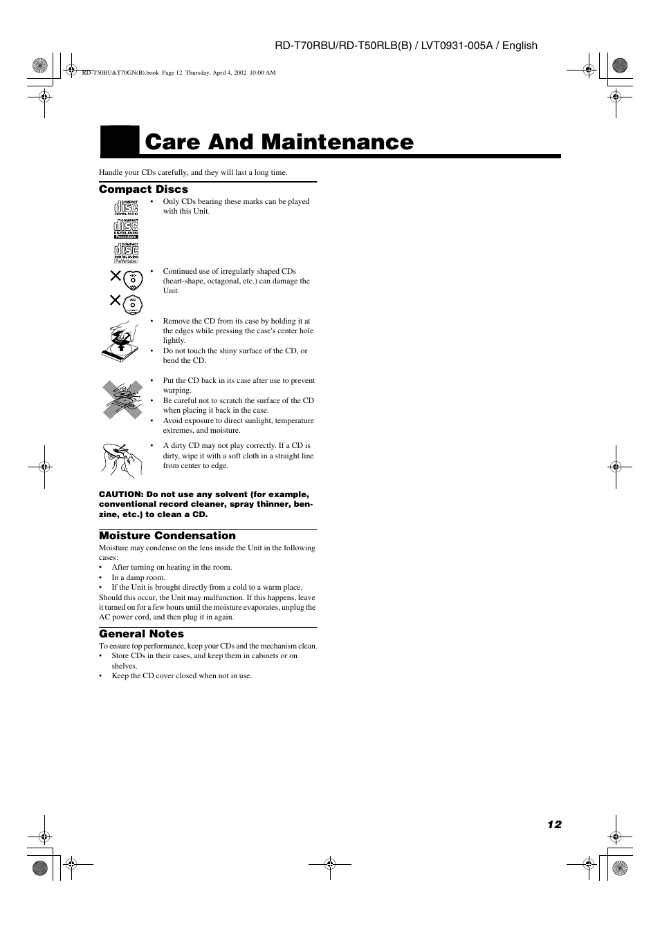 Care and maintenance | JVC RD-T70RBU User Manual | Page 15 / 16