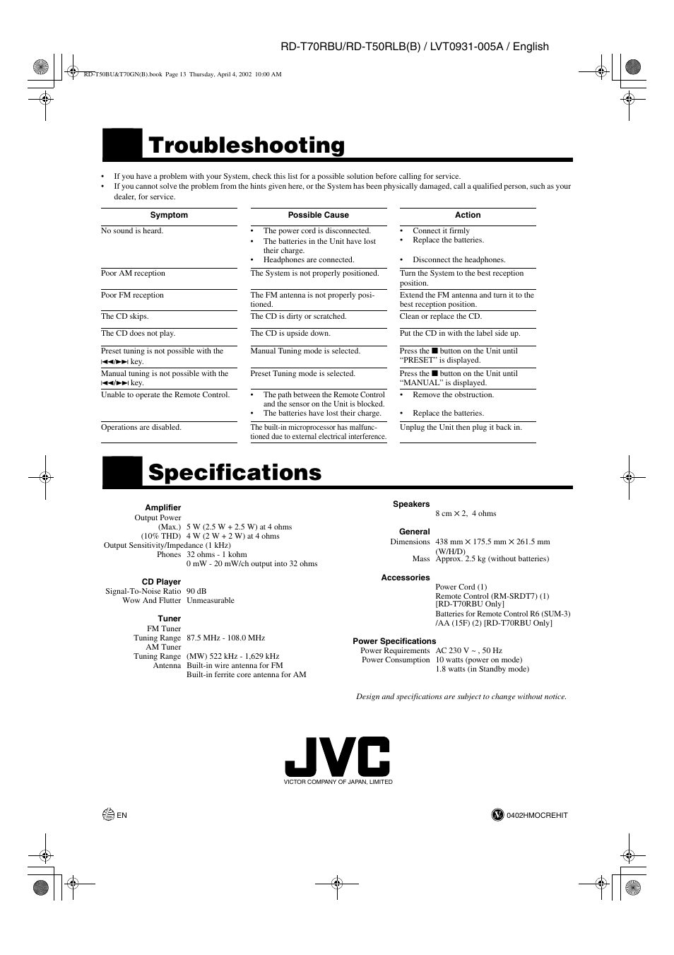 Troubleshooting, Specifications | JVC RD-T70RBU User Manual | Page 16 / 16