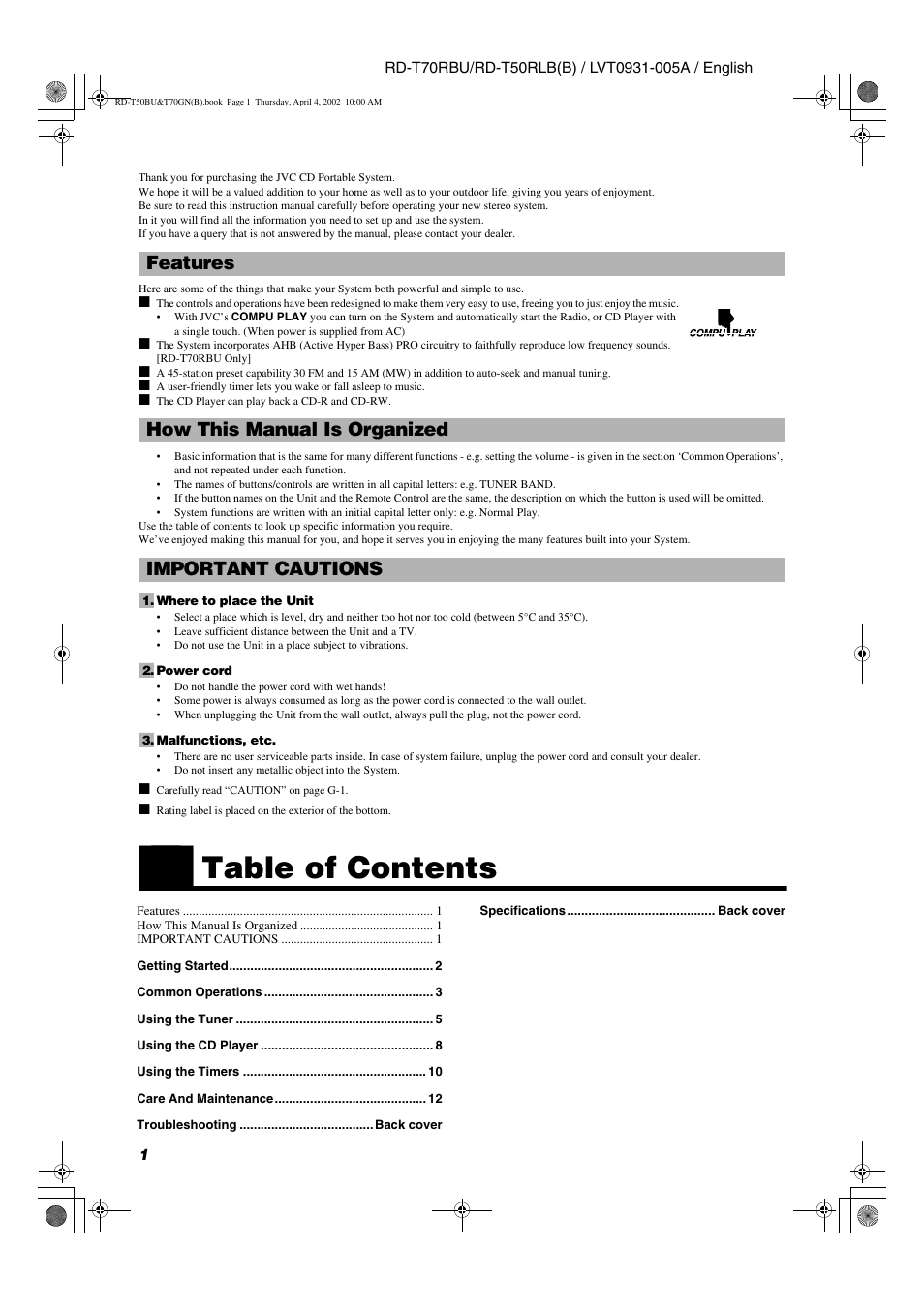 JVC RD-T70RBU User Manual | Page 4 / 16