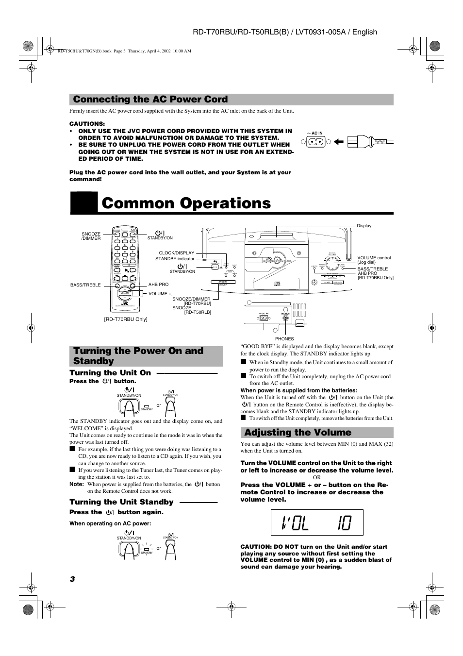 Common operations, Connecting the ac power cord, Turning the power on and standby | Adjusting the volume, Turning the unit on, Turning the unit standby, Standby, Press the button again | JVC RD-T70RBU User Manual | Page 6 / 16