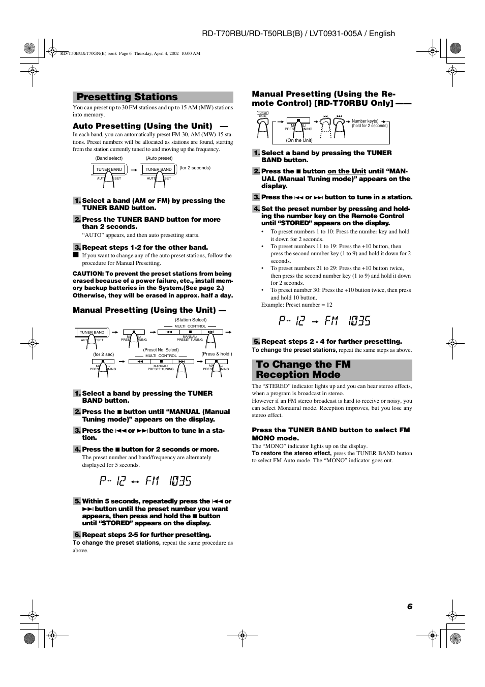 Presetting stations | JVC RD-T70RBU User Manual | Page 9 / 16