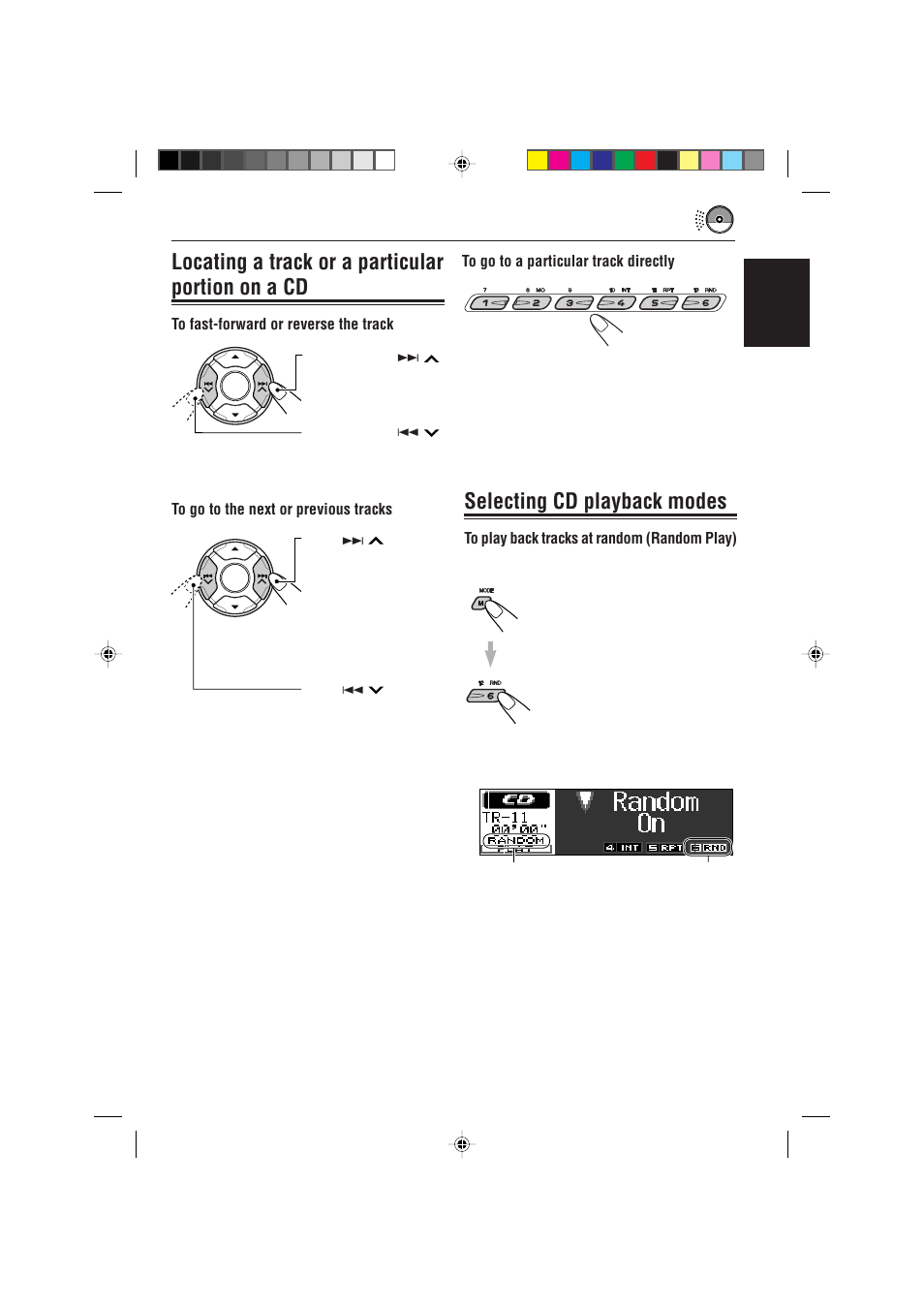 Locating a track or a particular portion on a cd, Selecting cd playback modes, English | JVC IKD-LH2000 User Manual | Page 15 / 52