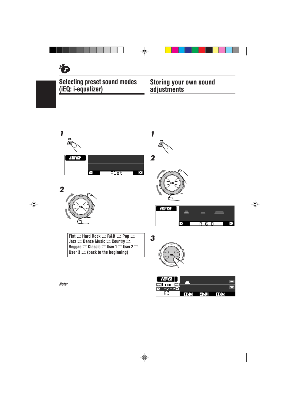 Selecting preset sound modes (ieq: i-equalizer), Storing your own sound adjustments | JVC IKD-LH2000 User Manual | Page 26 / 52