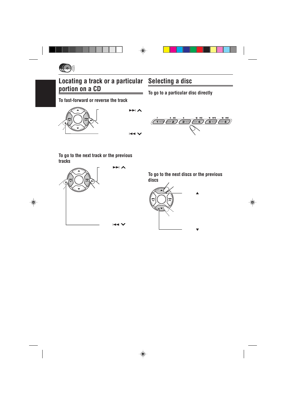 Locating a track or a particular portion on a cd, Selecting a disc | JVC IKD-LH2000 User Manual | Page 40 / 52