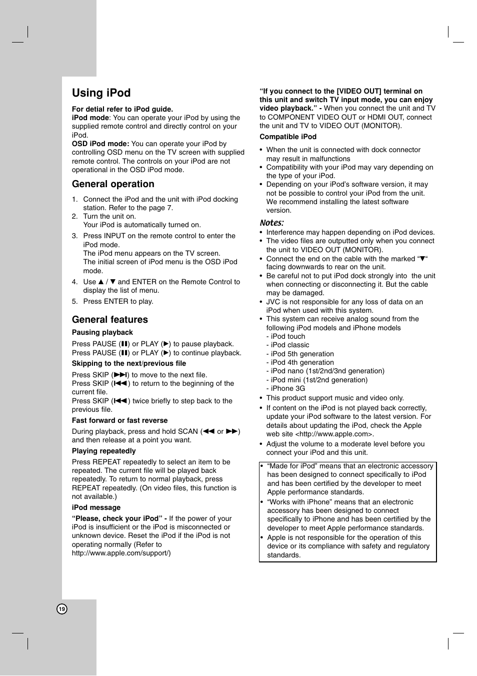 Using ipod, General operation, General features | JVC LVT2052-002A User Manual | Page 22 / 29