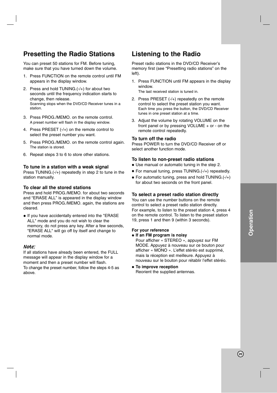 Presetting the radio stations, Listening to the radio, Operation | JVC LVT2052-002A User Manual | Page 23 / 29