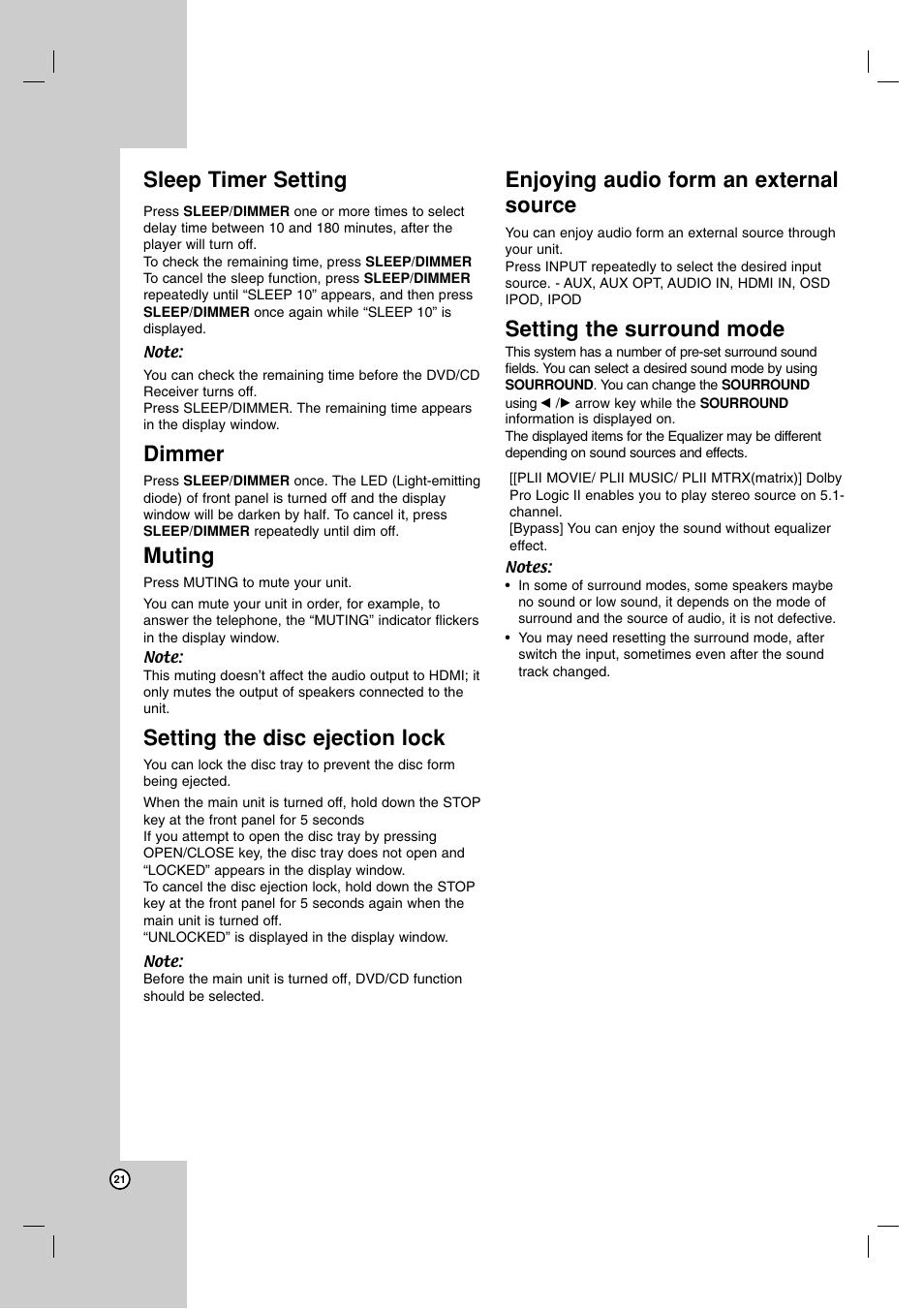 Sleep timer setting, Dimmer, Muting | Setting the disc ejection lock, Enjoying audio form an external source, Setting the surround mode | JVC LVT2052-002A User Manual | Page 24 / 29