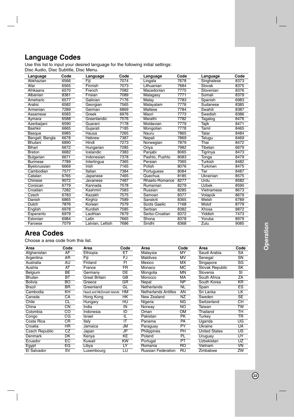 Area codes, Language codes, Operation | JVC LVT2052-002A User Manual | Page 25 / 29