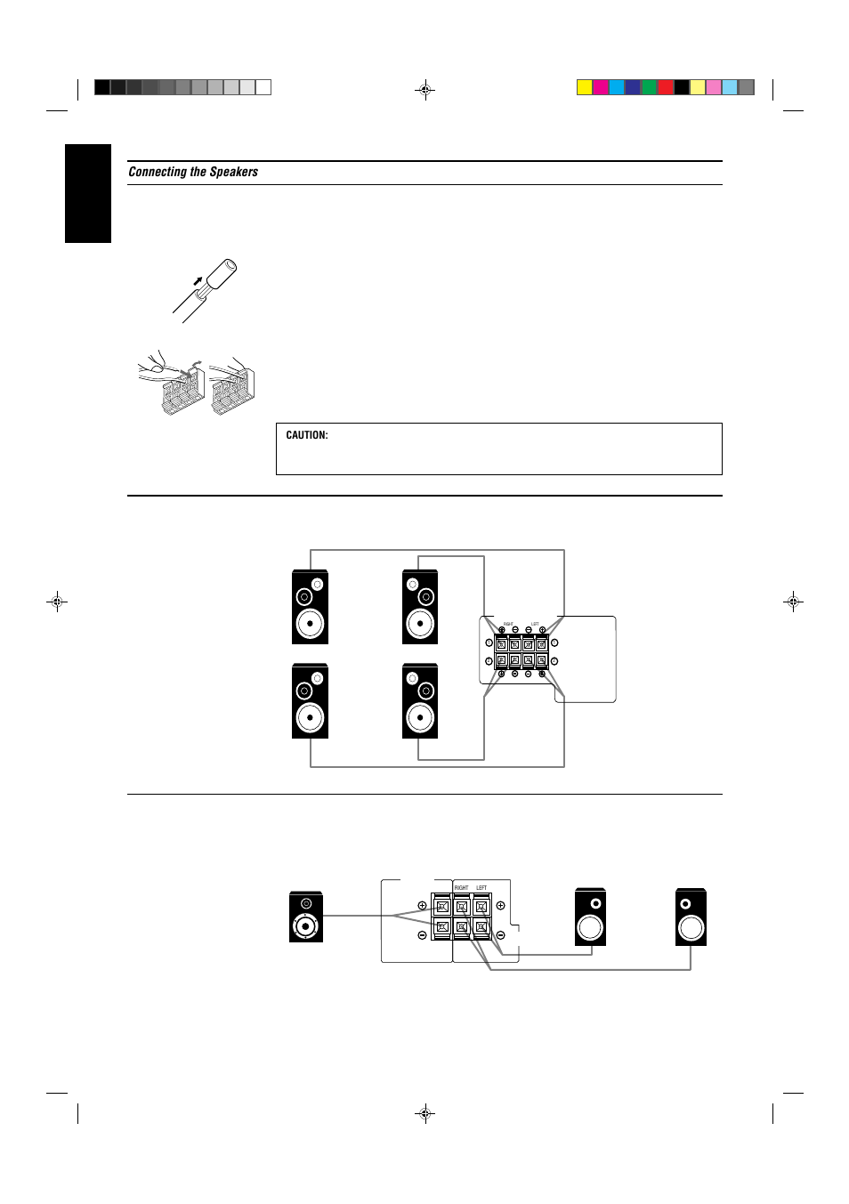 English, Connecting the speakers, Page 5 | Connecting the front speakers, Connecting the rear and center speakers | JVC RX-430VBK User Manual | Page 10 / 38