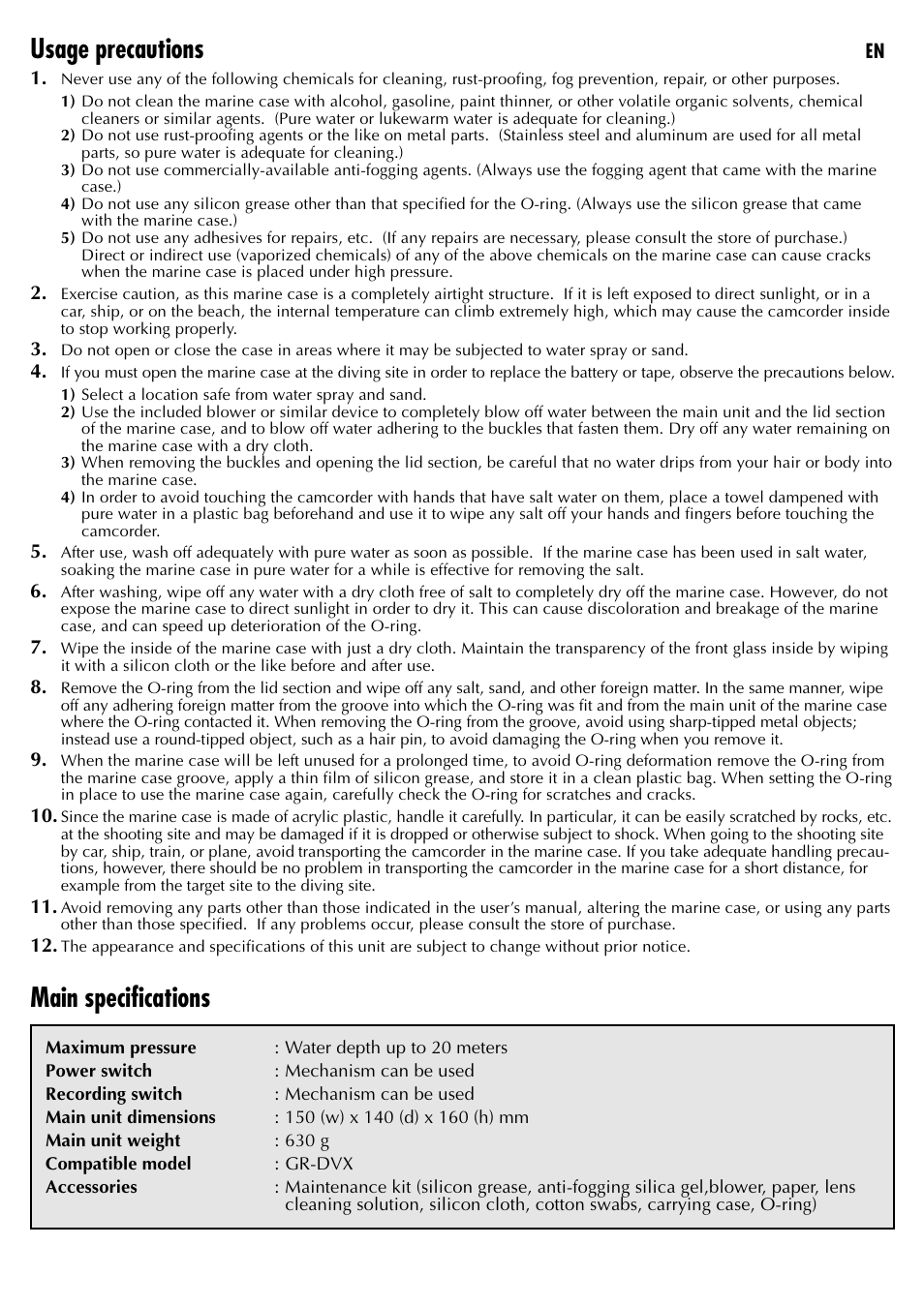 Usage precautions, Main specifications | JVC WR-DVXU User Manual | Page 2 / 2
