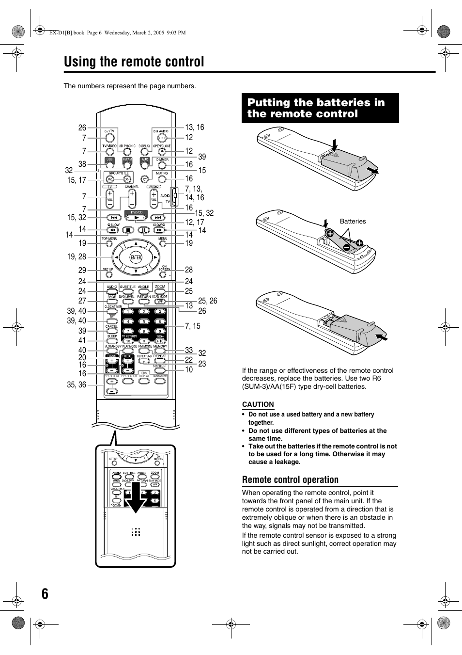Using the remote control, Putting the batteries in the remote control, Remote control operation | JVC CA-EXD1 User Manual | Page 10 / 52