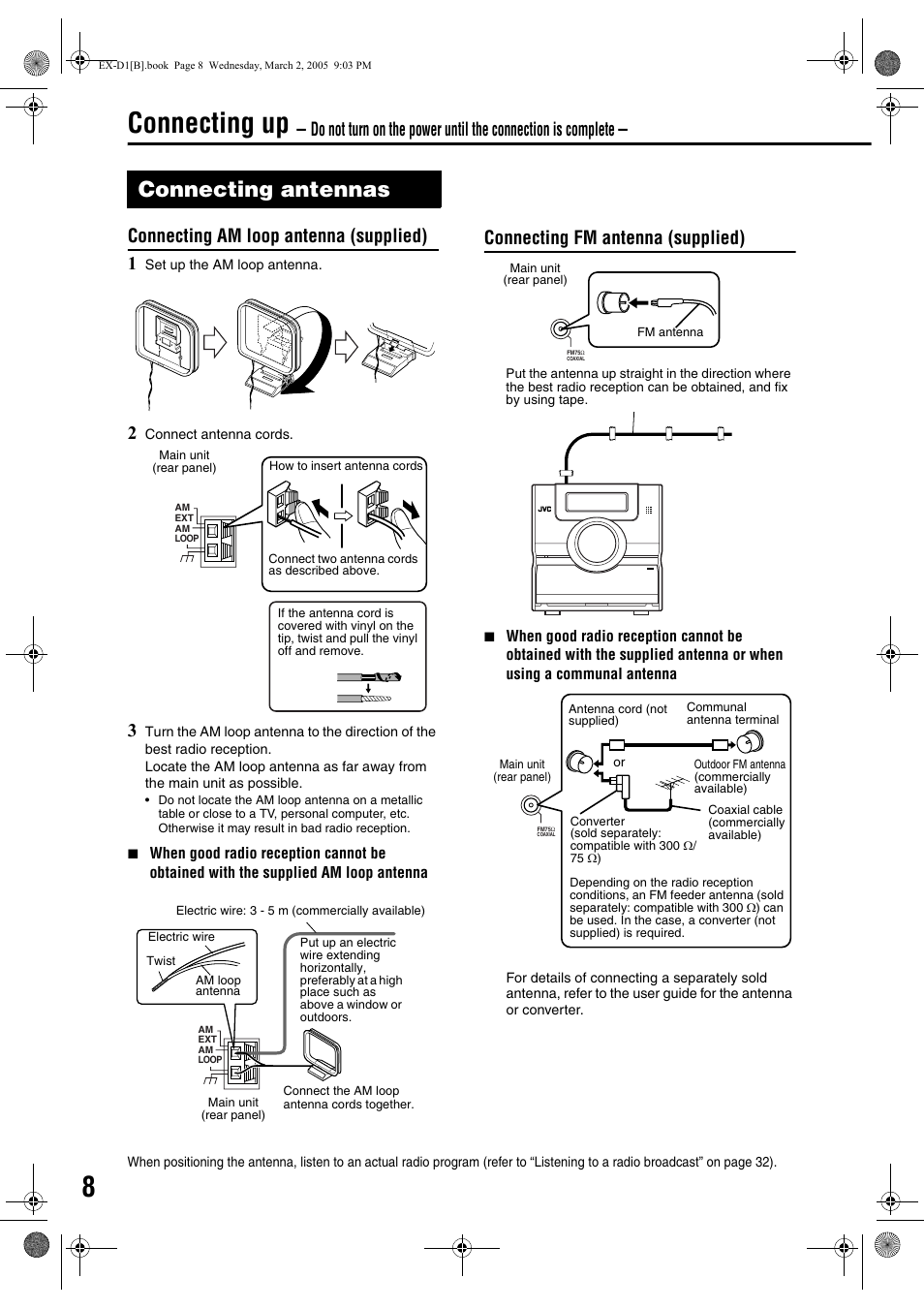 Connecting up, Connecting antennas, Connection | Connecting am loop antenna (supplied) 1, Connecting fm antenna (supplied) | JVC CA-EXD1 User Manual | Page 12 / 52