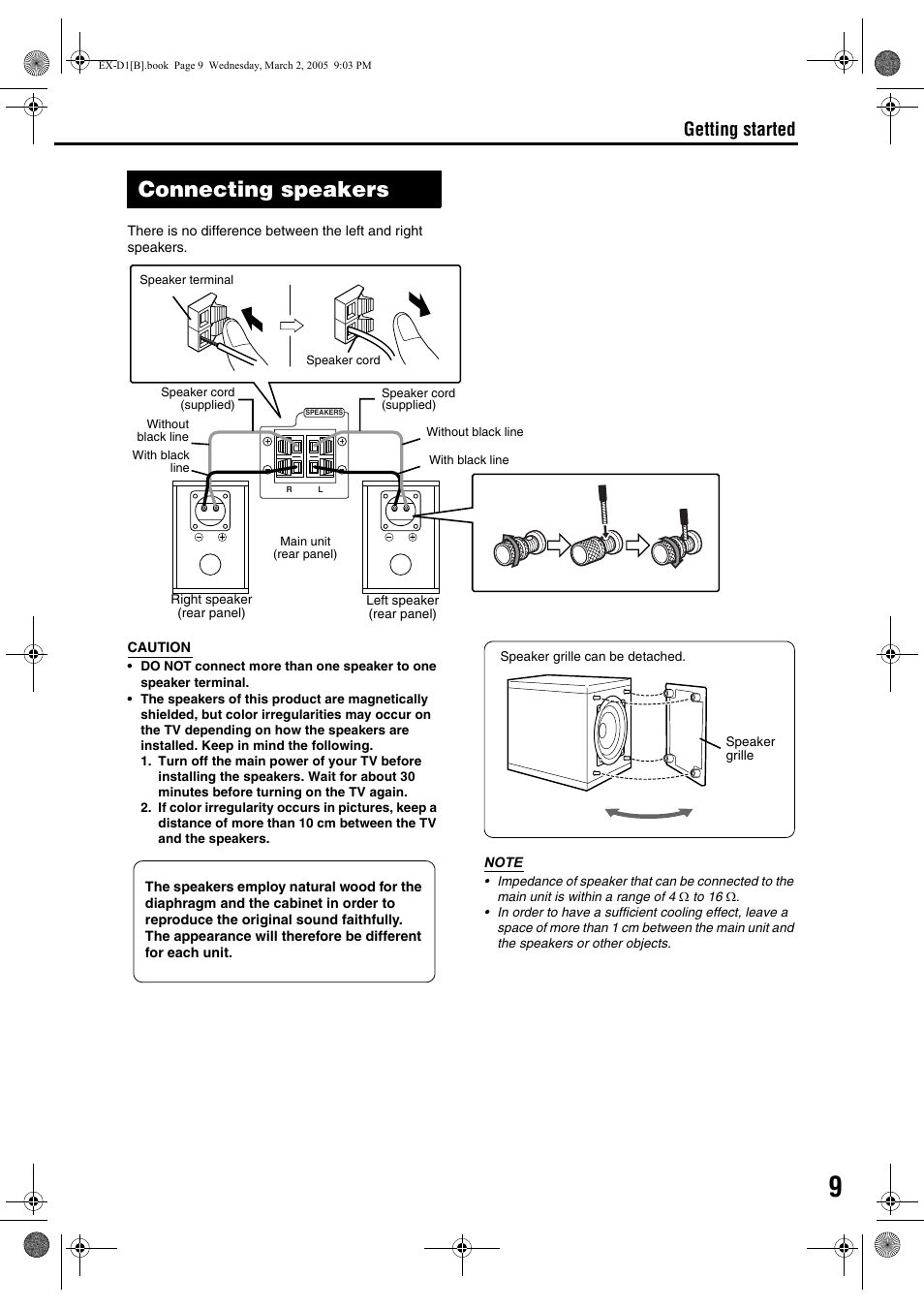 Connecting speakers, Connecting up connection, Getting started | JVC CA-EXD1 User Manual | Page 13 / 52