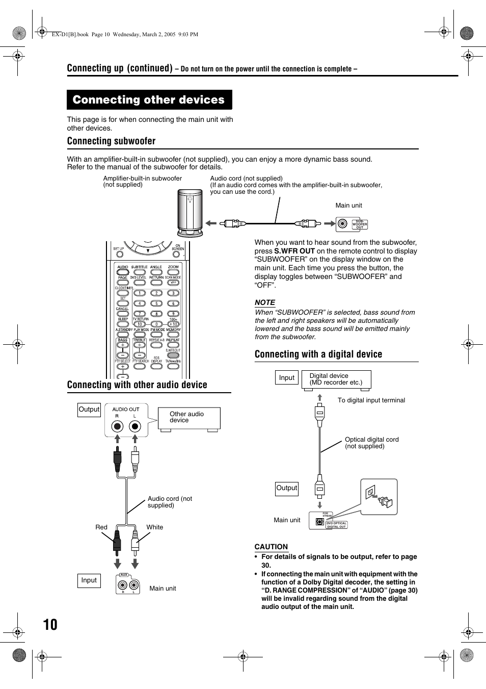 Connecting other devices, Connecting up connection, Connecting with a digital device | Continued) | JVC CA-EXD1 User Manual | Page 14 / 52