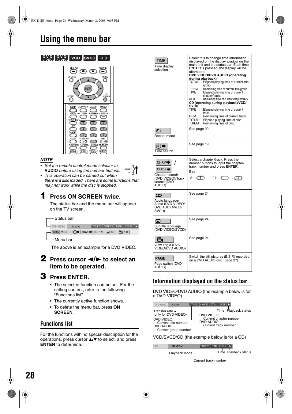 Using the menu bar, Press on screen twice, Press cursor | Press enter, Functions list, Information displayed on the status bar | JVC CA-EXD1 User Manual | Page 32 / 52