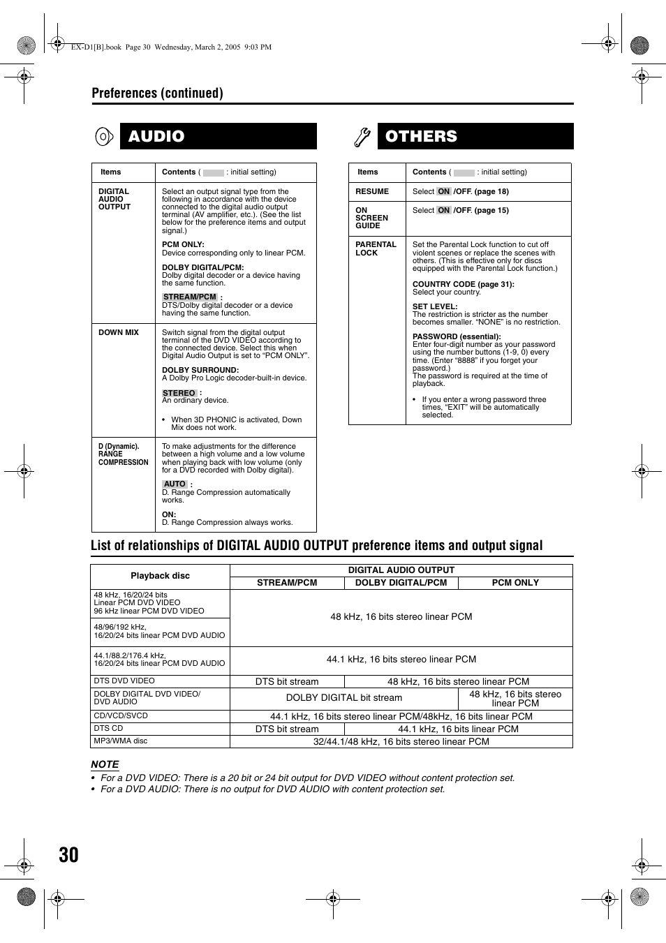 Audio, Others, Preferences (continued) | JVC CA-EXD1 User Manual | Page 34 / 52