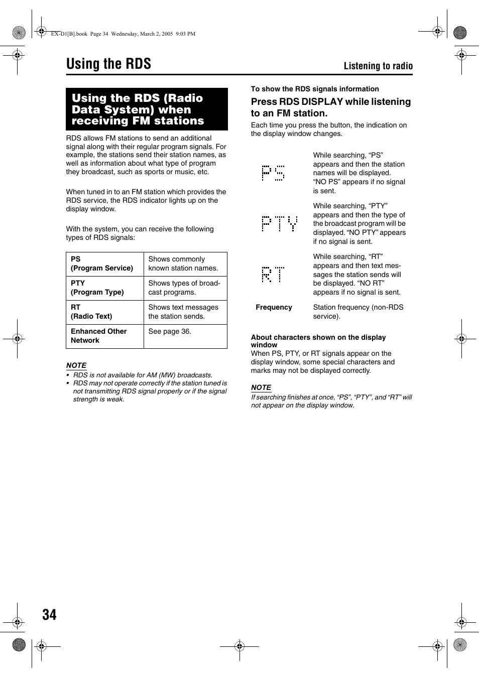 Using the rds, Press rds display while listening to an fm station, Listening to radio | JVC CA-EXD1 User Manual | Page 38 / 52