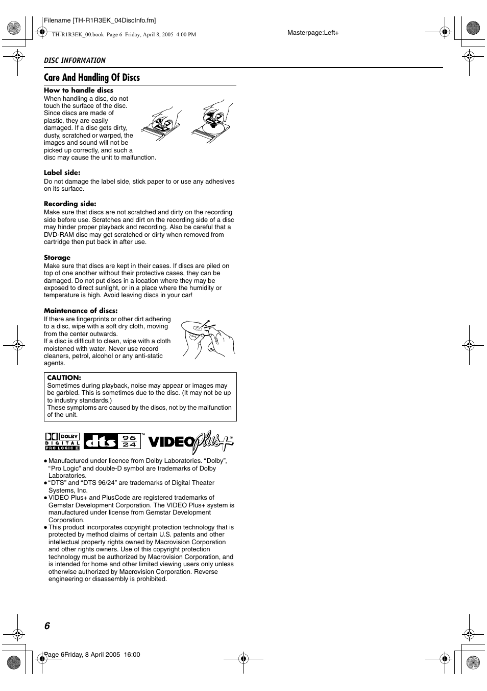 Care and handling of discs, 6care and handling of discs | JVC TH-R3 User Manual | Page 10 / 100