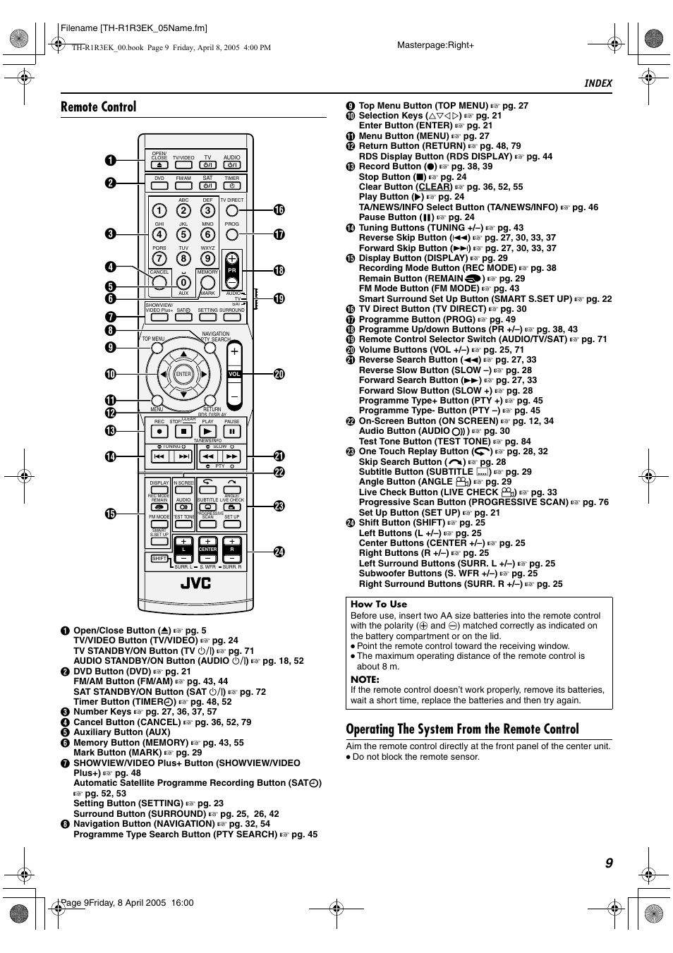 Remote control, Operating the system from the remote control, 9remote control | Index | JVC TH-R3 User Manual | Page 13 / 100