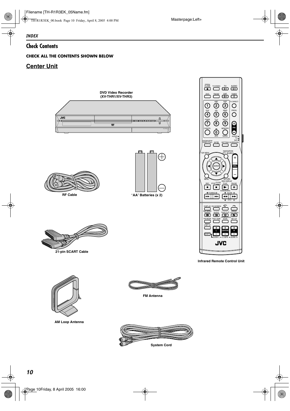 10 check contents, Center unit, Index | Ram/rw, Check all the contents shown below | JVC TH-R3 User Manual | Page 14 / 100