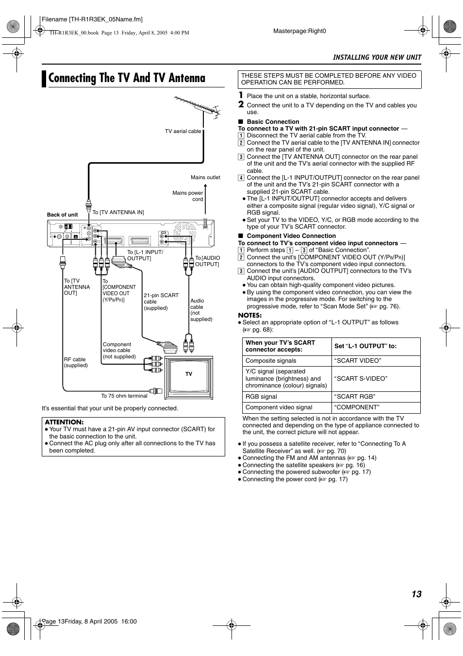 Installing your new unit, Connecting the tv and tv antenna | JVC TH-R3 User Manual | Page 17 / 100