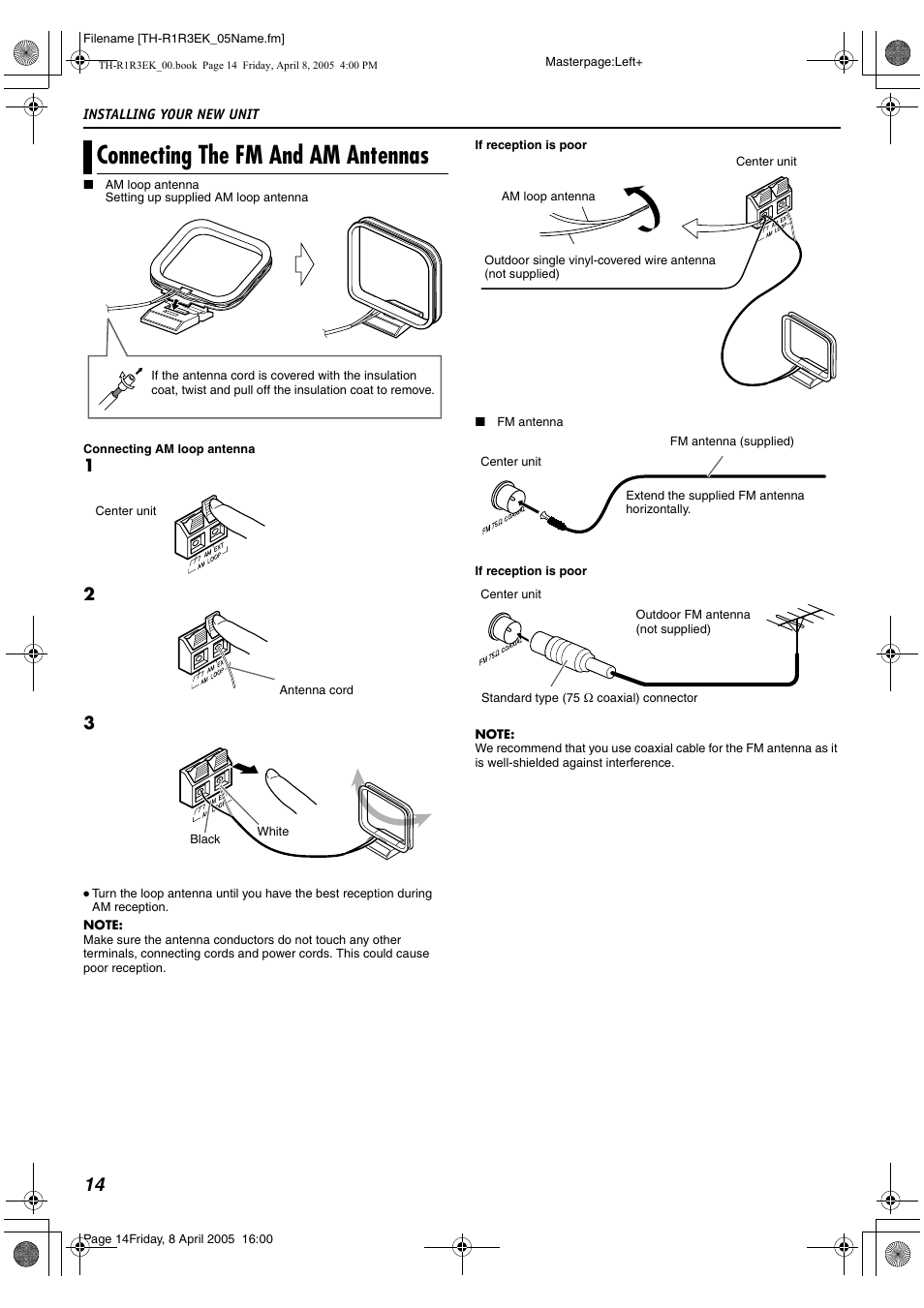 Connecting the fm and am antennas | JVC TH-R3 User Manual | Page 18 / 100