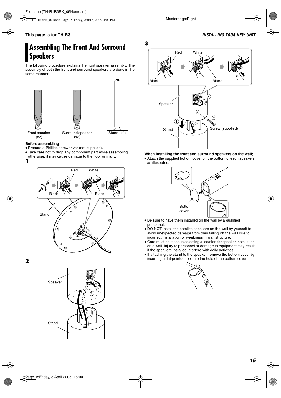 Assembling the front and surround speakers | JVC TH-R3 User Manual | Page 19 / 100