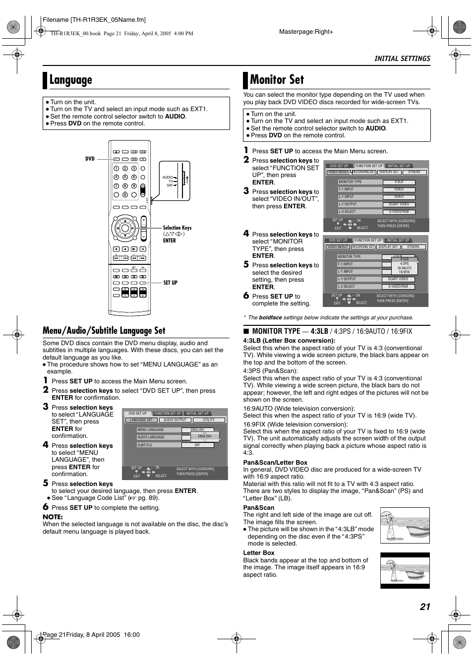 Language, Menu/audio/subtitle language set, Monitor set | Language monitor set, 21 menu/audio/subtitle language set, Initial settings, Monitor type | JVC TH-R3 User Manual | Page 25 / 100