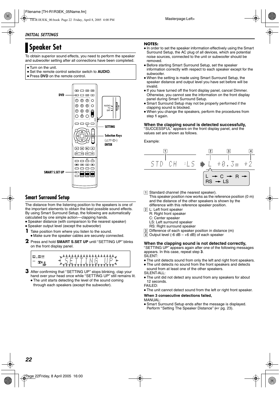 Speaker set, Smart surround setup, Lc rs ls r | JVC TH-R3 User Manual | Page 26 / 100